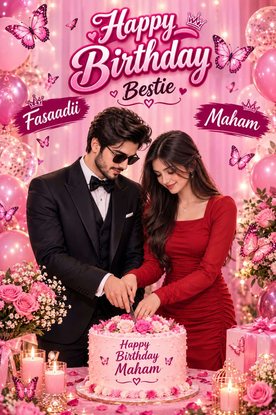 Fasaadii and Maham cutting a pink birthday cake